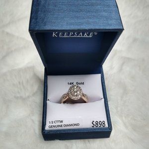 NIB Keepsake 14k Gold 1/2 CTTW Certified Diamond Oval Halo Ring Sz 7